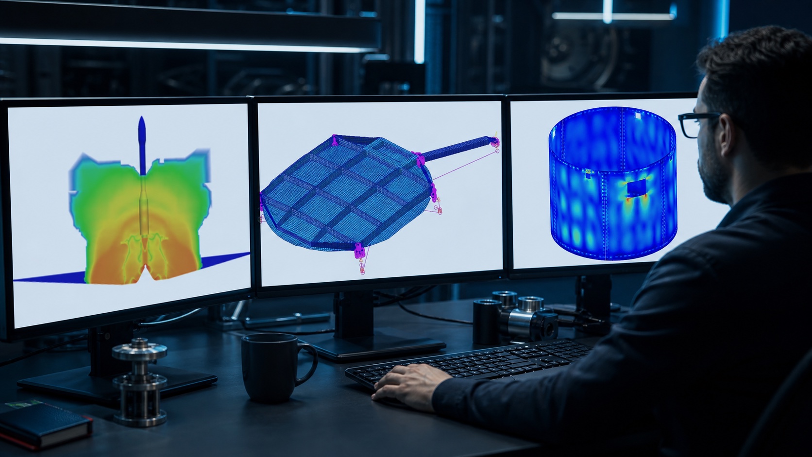 Pantallas de ingeniería espacial mostrando simulaciones técnicas