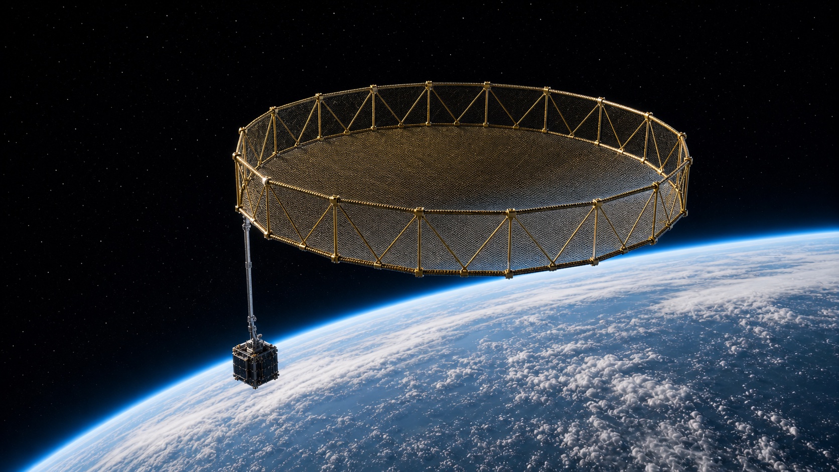 Reflector desplegable espacial con satélite lateral unido por brazo vertical